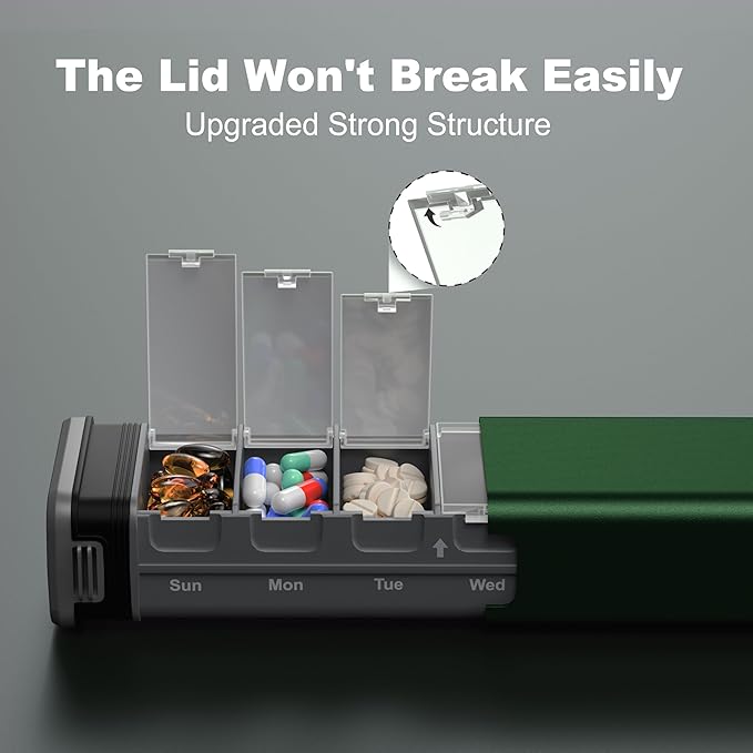 7 Day Weekly Metal Pill Organizer Travel, Kursoaya Premium Aluminum Daily Pill Box, Cute Portable Pill Case, Large Capacity Pill Holder for Supplements, Pills, Vitamins, Medicine (Hunter Green)