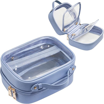 Clear Cosmetic Bag Double Layer Travel Toiletry Bag Clear Makeup Bag Case with 4 Compartments, Transparent Travel Bag for Toiletries, Large Toiletry Bag for Women Cosmetic Case (Blue, Small)
