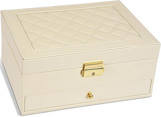 GUOER Jewelry Box for Women Girl Wife - Large PU Leather Jewelry Organizer Storage Case with Two Layers Display for Earrings Bracelets Rings Watches (Apricot)
