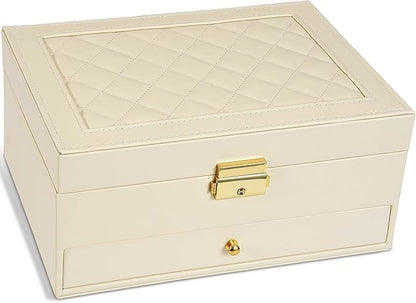 GUOER Jewelry Box for Women Girl Wife - Large PU Leather Jewelry Organizer Storage Case with Two Layers Display for Earrings Bracelets Rings Watches (Apricot)