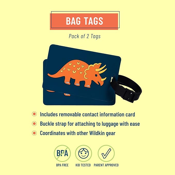 Wildkin Kids Luggage Tags – Set of 2, Durable Bag Tags w/Info Card for Suitcases & Backpacks - Jurassic Dinosaurs