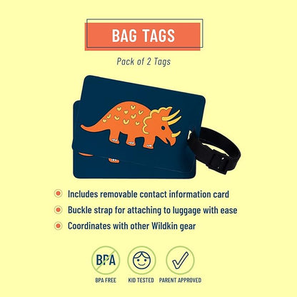 Wildkin Kids Luggage Tags – Set of 2, Durable Bag Tags w/Info Card for Suitcases & Backpacks - Jurassic Dinosaurs