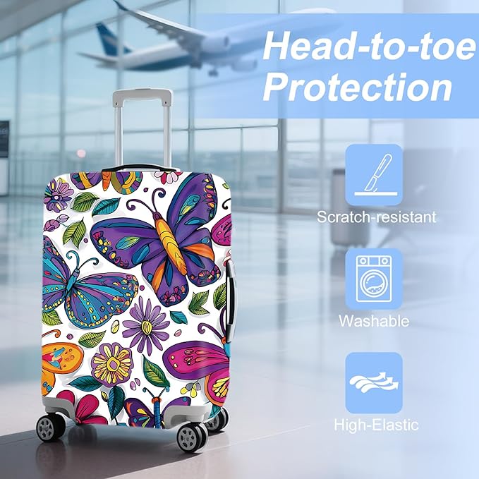 FOREVER QUEEN Colorful Butterfly Luggage Cover Suitcase Protector Suitcase Cover Anti-Scratch,Stretchable Bag Cover Washable Durable Polyester