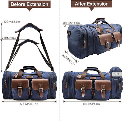 Wildroad 50L Travel Duffel Bag, Expandable Canvas Genuine Leather Duffle Bag Upgraded Overnight Weekender Carry on Bag