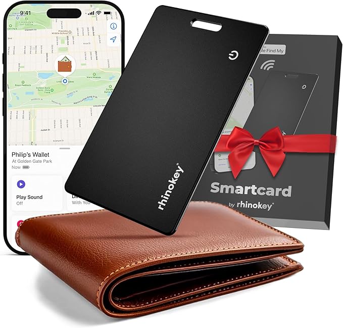 Rhinokey® Wallet Tracker Card (iOS Only) - Slim Rechargeable 1.8mm Thin Tracker, Airtag Wallet IP68 Waterproof, Apple Find My Luggage Tags, Item Finder with Key Chain Hole