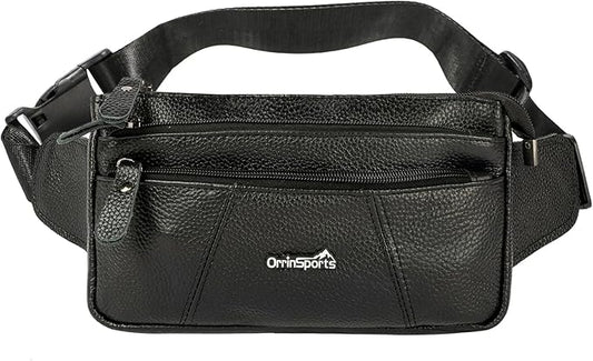 Leather Fanny Pack for Men Women,Genuine Leather Waist Belt Bag with Adjustable Strap Belt Hip Bag with Multi-Pockets for Travel Sports Running Cycling Hiking(Black)