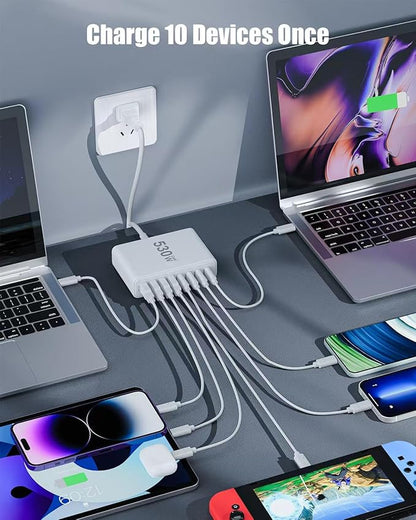 530W USB C Charger Block,8-Port USB C Charging Station GaN IV Travel Essentials Multiple Port Charging Station,100W Laptop Fast Charger Adapter for MacBook Pro/Air,DELL,iPad,iPhone,Samsung Galaxy