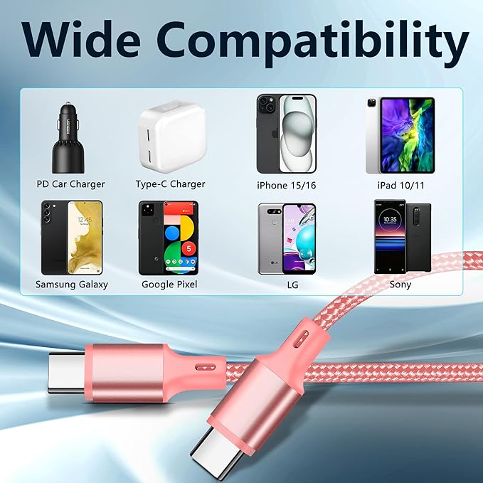 USB C to USB C Charger Cable, 5 Pack [3/3/6/6/10ft] Type C Fast Charging Cord High Data & Transfer Wire Compatible for iPhone 16/15/Pro/Plus/Pro Max iPad Pro Air 5 Samsung Galaxy(Pink)