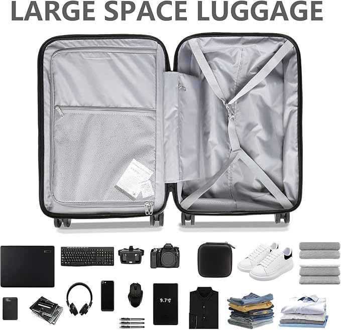 Carry On Luggage with Front Pocket & USB Port, PC Hardside 20 Inch luggage with Spinner Wheels & Built-in TSA Lock, Durable Lightweight Rolling Suitcase, Carry-On 20-Inch, Gray