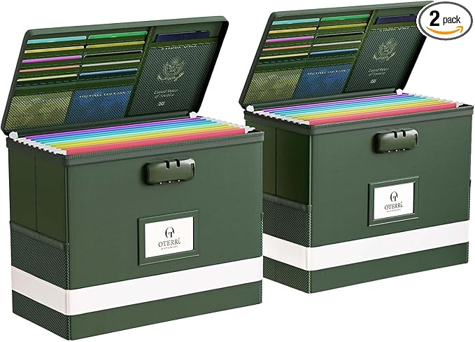 Oterri 2 Pack Fireproof Document Box With Lock, Portable File Safe Box Fireproof Waterproof For Letter Files, Collapsible Fireproof File Box With Handle (Green, 2 Pack)