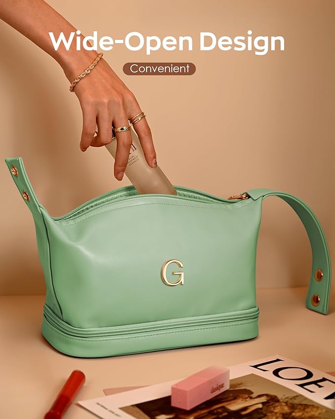 College Girl Gift Ideas, Personalized Makeup Bag with Handle, Initial Double Layer Cosmetic Bag with Makeup Brush Organizer, Cute Cosmetic Pouch for Women, Gift Ideas for Co Workers