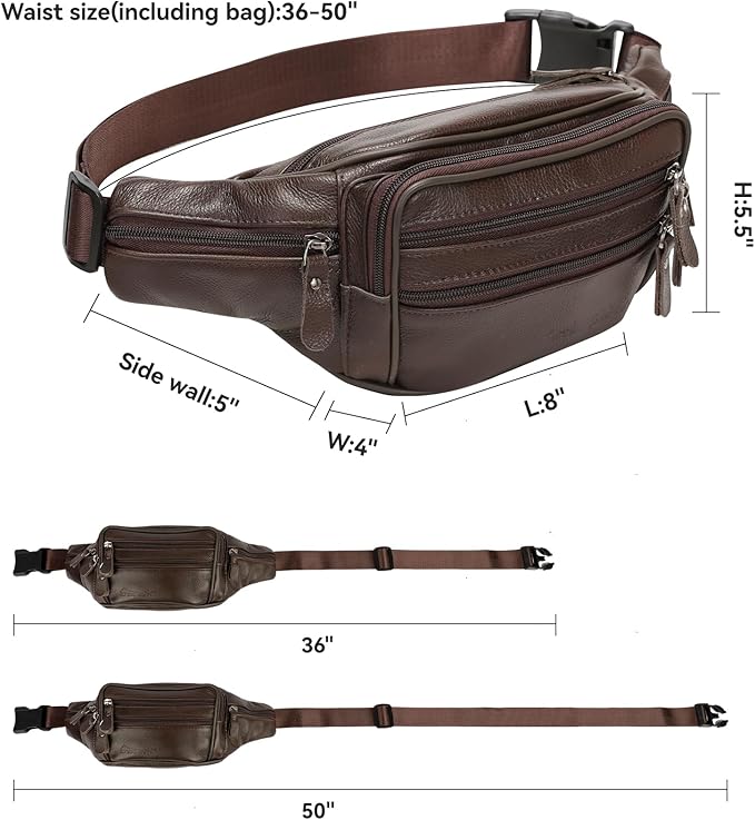 Brown Leather Fanny Pack for Men & Women,Fashionable Multi-Pockets Waist Belt Bag for Travel Sports Hiking Cycling Fishing Running