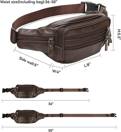 Brown Leather Fanny Pack for Men & Women,Fashionable Multi-Pockets Waist Belt Bag for Travel Sports Hiking Cycling Fishing Running