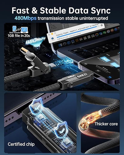 SHEZI Nylon Braided 4 in 1 USB C Cable 60W 10FT Compatible with Lightning Cable, Fast Charging for iPhone/iPad Charger Cord [480Mbps Data Sync],Multi Charging Cable with Type C/USB A, Grey