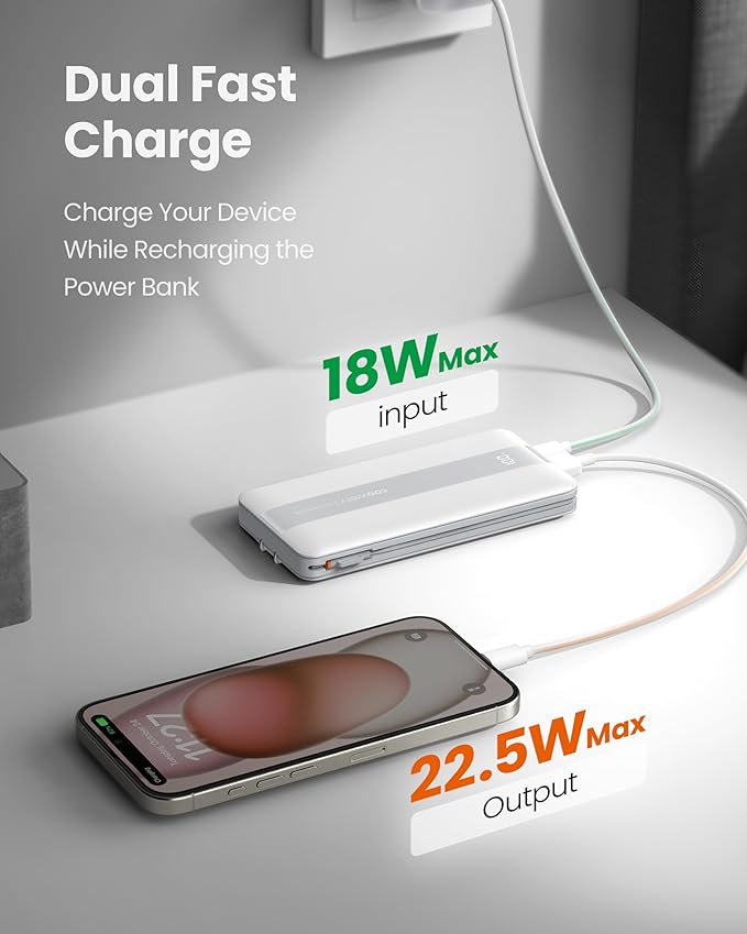 Fast Charging Power Bank, USB C Portable Charger Built in Cables and Wall Plug, 10500mAh 22.5W 4 Outputs 3 Inputs LED Display External Battery Pack Compatible with iPhone/Android (White)