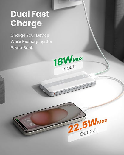 Fast Charging Power Bank, USB C Portable Charger Built in Cables and Wall Plug, 10500mAh 22.5W 4 Outputs 3 Inputs LED Display External Battery Pack Compatible with iPhone/Android (White)
