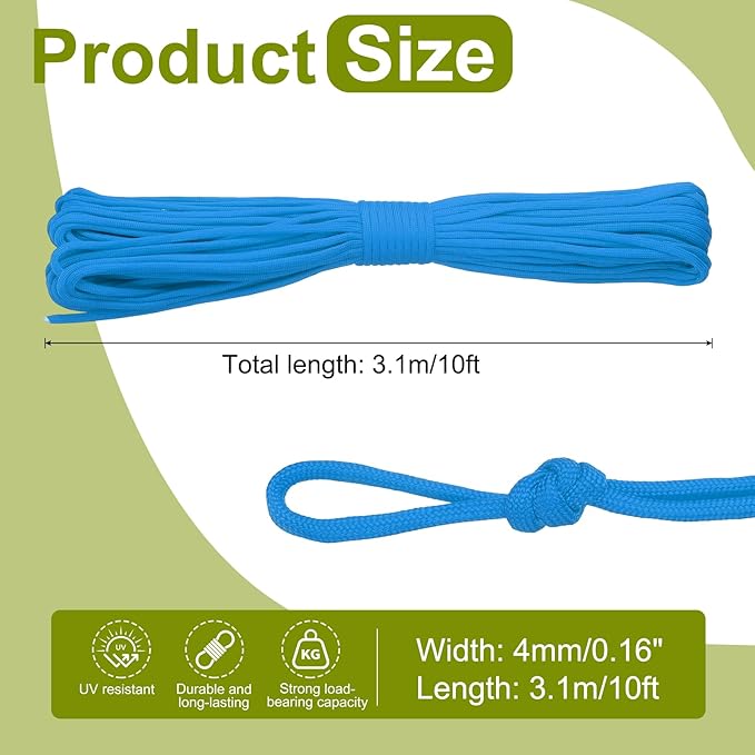 uxcell 4mm Nylon Rope, 10ft Portable Clothesline for Luggage and Backpack Tie Downs, Hanging Clothes, Swings, Camping and Mountaineering Tie Downs, Light Blue