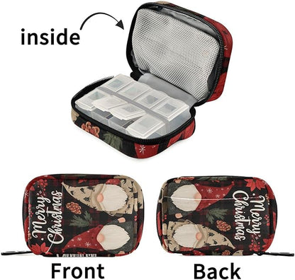 Checkered Christmas Floral Gnomes Travel Pill Organizer Case Box Container Weekly Portable Vitamin Medicine Holder Storage Bag with Zipper Removable