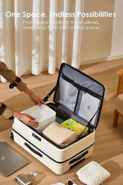 HotWay 24 Inch Expandable Front Opening Checked Luggage with Cup Phone Holder and USB Port, Lightweight Hardshell Suitcase with Wheels and TSA Aproved Locks