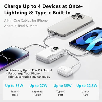 W&P Portable Charger for iPhone, 35W Fast Charging 10000mAh Portable Power Bank with Built-in USB-C & Lightning Cables, Compact Travel Battery Pack for iPhone 15/14/13, Android, iPad, MacBook