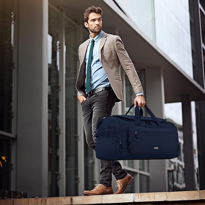 Large Travel Duffle Gym Bag with Shoe Compartment, Underseat Carry On Luggage Overnight Weekender Personal Item Workout Bags for Women Men (Navy Blue)