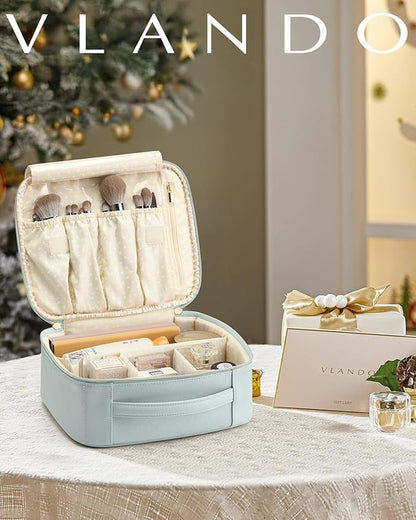 Vlando Makeup Bag, Travel Makeup Bags,Large Portable Make Up Bag Organzier with Dividers and Handle Gifts for Women Girls,Traveler,Christmas,Wedding Blue