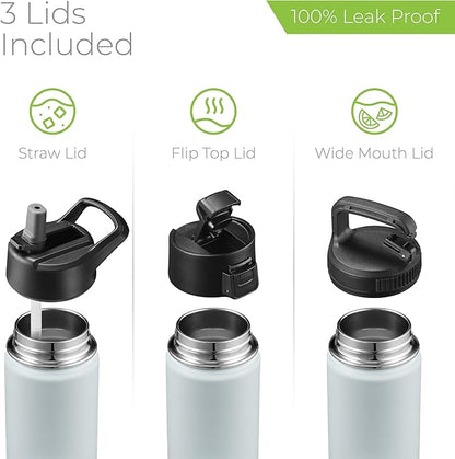 SipX™ Triple-Insulated Stainless Steel Water Bottle 18oz. With 3 Lids, BPA-Free Reusable Insulated Water Bottle Keeps Cold 24 Hours, (Blue)