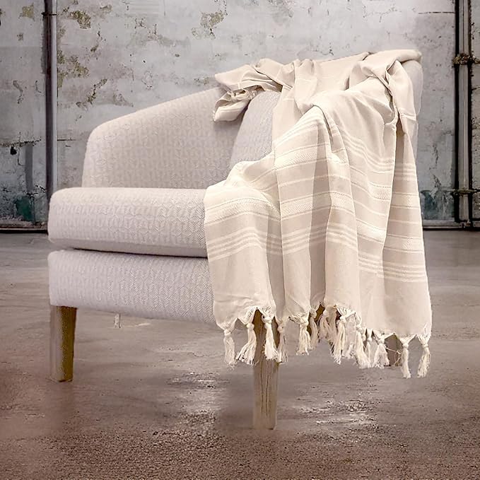 Bazaar Anatolia Turkish Beach Towel – 100% Cotton, Quick Dry, Sand Free Towel for Bathroom, Travel, Camping – Oversized 71x39 Inches – Stripe Beige