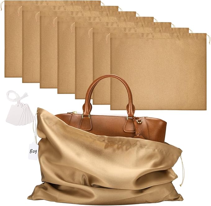 Ewen Pack of 7 Dustproof Drawstring Satin Shoe Bags with Blank Tags, 19.6x15.7in Dustbags for Handbags, Brown Travel Essentials Packing Bag Purse Organizer for Closet Home Storage Jewelry Organization
