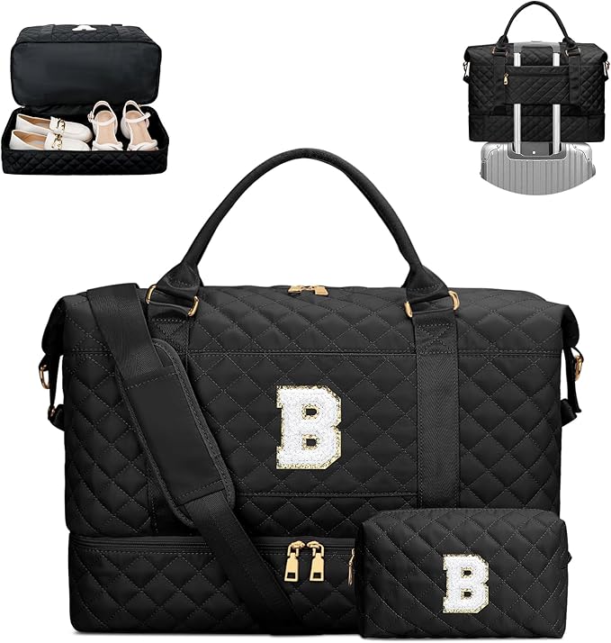 Gifts for Women Girls Christmas Initial Travel Duffle Bag Quilted Weekender Bags Carry-On Overnight with Cosmetic Bag, Gym Bag with Shoe Compartment, Black B