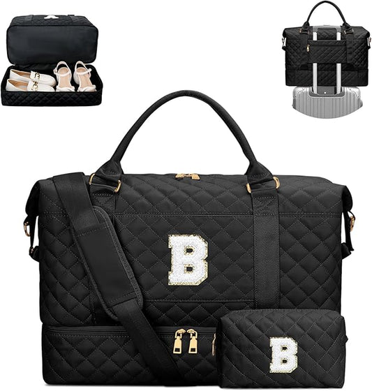 Gifts for Women Girls Christmas Initial Travel Duffle Bag Quilted Weekender Bags Carry-On Overnight with Cosmetic Bag, Gym Bag with Shoe Compartment, Black B