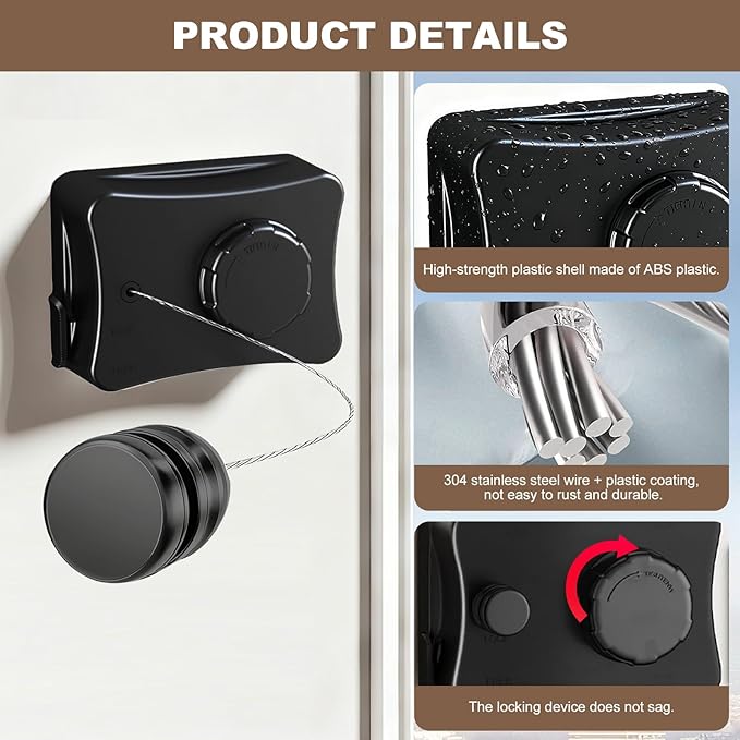 Retractable Clothesline for Outdoor & Indoor Use, 16.73 Ft Heavy Duty Retracting Clothes Line with Single Stainless Steel Rope - Laundry Drying Rack for Bathroom, Outside Areas (Black)