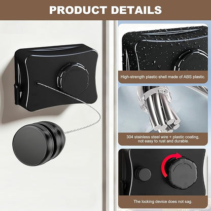 Retractable Clothesline for Outdoor & Indoor Use, 16.73 Ft Heavy Duty Retracting Clothes Line with Single Stainless Steel Rope - Laundry Drying Rack for Bathroom, Outside Areas (Black)