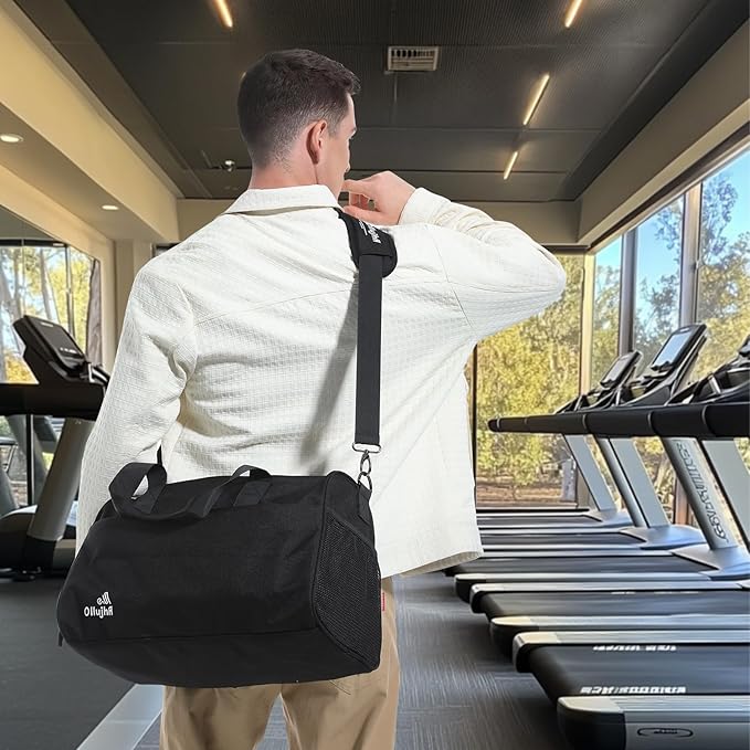 Gym Bag for Men Women, Duffle Bag with Shoe & Laptop Compartment, Waterproof Fitness Workout Sports Bag for Travel Overnight Weekend Swimming Yoga (Black, 42x25x20cm)