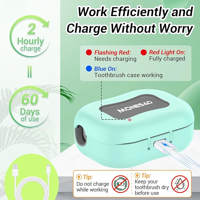 MONESAO Toothbrush Sanitizer Case, Toothbrush Covers with Holder, Rechargeable Travel Home Toothbrush And Holder, Cleaner Case for All Electric And Manual Toothbrushes (Blue)