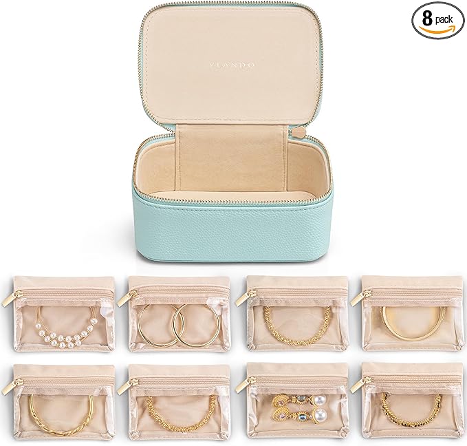 Vlando Jewelry Travel Organizer with 8 Velvet Jewelry Bags Travel Jewelry Storage Box Jewelry Case for Necklace Rings Earrings Trendy Christmas Birthday Graduate Gifts for Women-Lake Blue