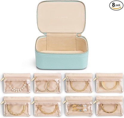 Vlando Jewelry Travel Organizer with 8 Velvet Jewelry Bags Travel Jewelry Storage Box Jewelry Case for Necklace Rings Earrings Trendy Christmas Birthday Graduate Gifts for Women-Lake Blue