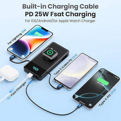FOCHEW Portable Charger for iPhone with Built in Cables & Wall Plug,6-in-1 10800mah Power Bank with iWatch Charger, QC4.0+25W PD Fast Charging LCD Display Battery Pack for iPhone 16/15/14,Android