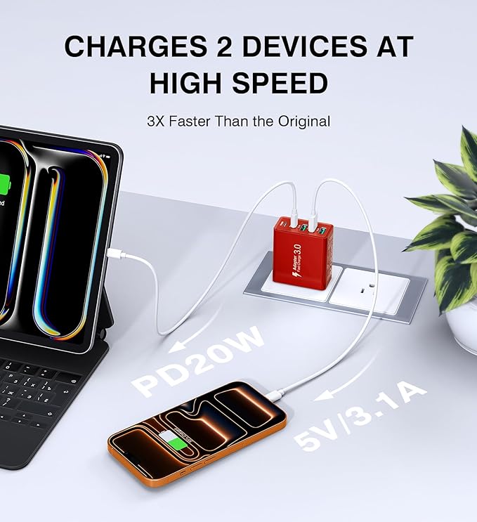 USB C Wall Charger Block, 2Pack 60W USB C Charger 5-Port PD Fast Charging Blocks,QC 3.0 USB A Multiport Plug,Type C Power Adapter Brick Cube for iPhone 17/16/15/14/13/Pro,Samsung,for Switch/Pixel（Red）