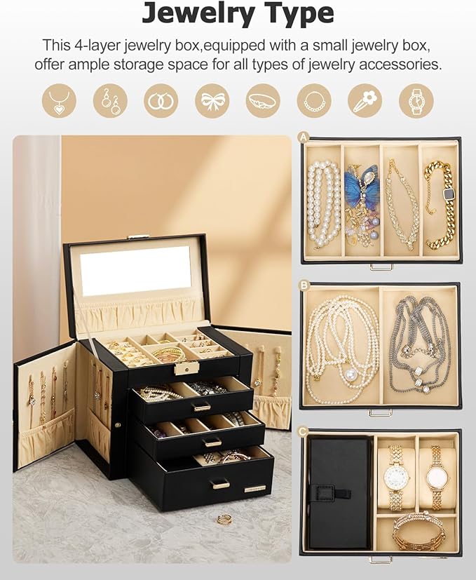 Homde 2 IN 1 Jewelry Box for Women Girls with Small Travel Case Mirror Necklace Ring Earrings Organizer - Christmas Gifts (Black + Gold)
