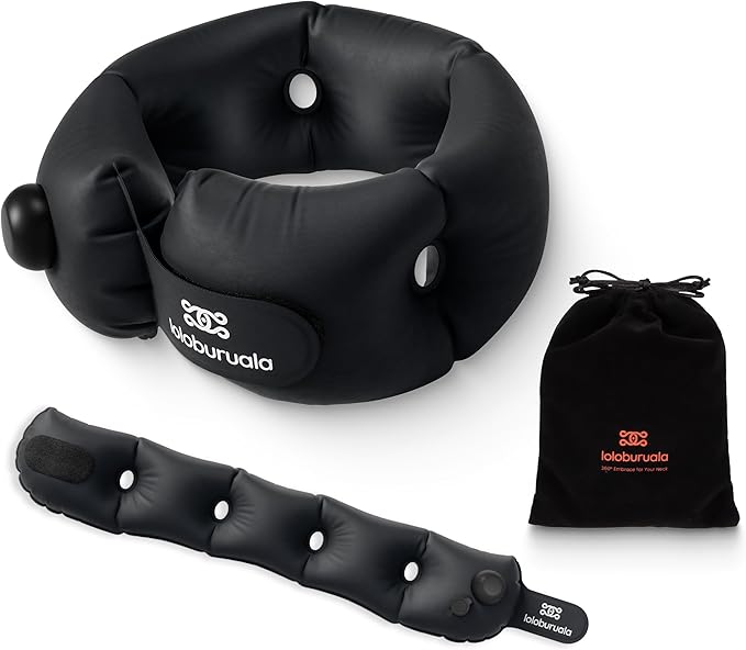 Inflatable Neck Pillow, Portable Travel Neck Pillow for Long Flight, Storable Black Neck Pillows with Washable Cover, Adjustable Air-Fill Support