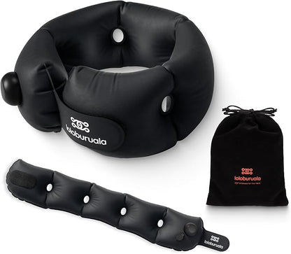 Inflatable Neck Pillow, Portable Travel Neck Pillow for Long Flight, Storable Black Neck Pillows with Washable Cover, Adjustable Air-Fill Support