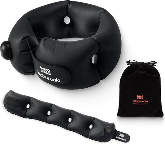 Inflatable Neck Pillow, Portable Travel Neck Pillow for Long Flight, Storable Black Neck Pillows with Washable Cover, Adjustable Air-Fill Support