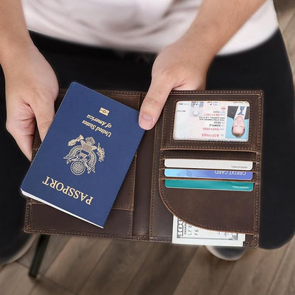 Polare Full Grain Leather Passport Holder RFID Blocking Travel Bifold Wallet Passport Holders 2 Passports (Dark Brown with AirTag Slot)