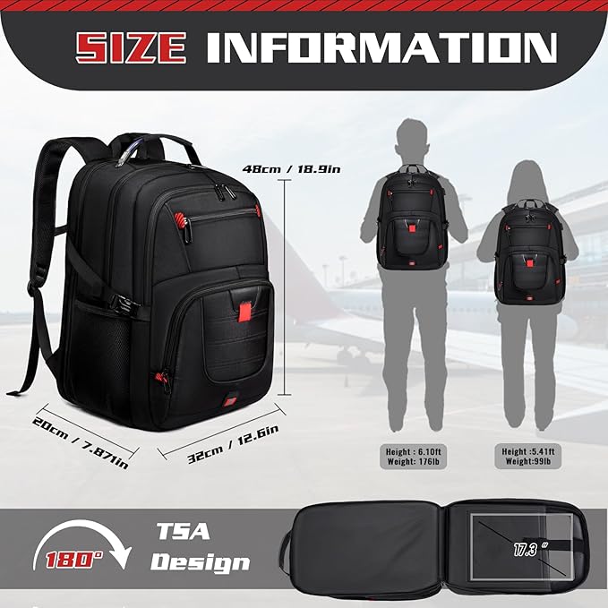 50L Travel Backpack, 17 inch Laptop Backpack for Men, Extra Large Sturdy TSA Friendly with USB Port College School Rucksack Bag Gifts for Him Men Women, Black