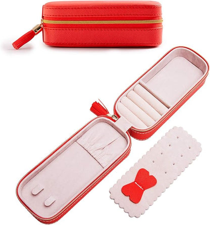 BONNY DODO Small Travel Jewelry Organizers Box for women with PU Leather Portable Mini Jewelry Case with compartments for Necklace Rings Earrings,Luxury Giftable boxes. (Red, S)