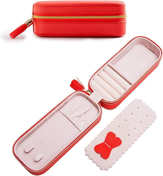 BONNY DODO Small Travel Jewelry Organizers Box for women with PU Leather Portable Mini Jewelry Case with compartments for Necklace Rings Earrings,Luxury Giftable boxes. (Red, S)