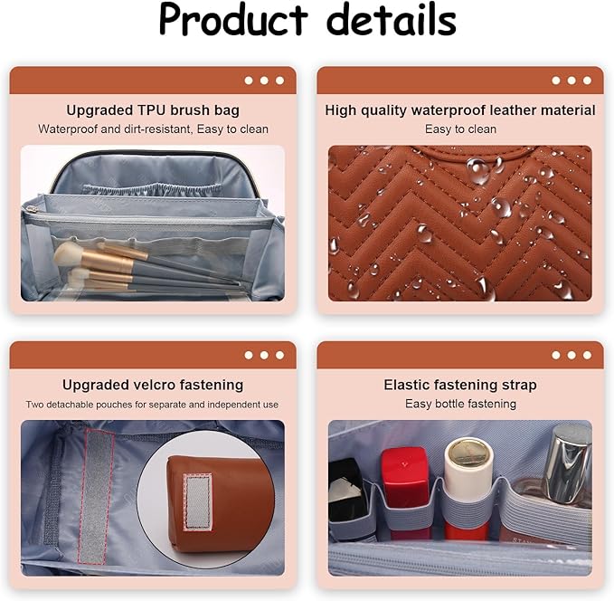 BOYATU Travel Makeup Bags Cosmetic Organizer Bag: Quilted Make up Bag Set of 3 - PU Leather Toiletry Bags for Women - Portable Makeup Organizer with Compartments & Handle & Divider(14 Brown)