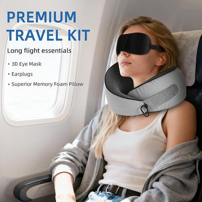 Travel Pillow, Memory Foam Neck Pillow Airplane for Long Flights, Portable Plane Cars Sleeping Travel Accessories with Eye Masks Earplugs (Black)