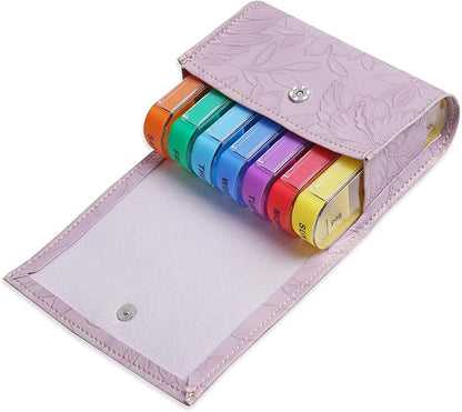 Pill Organizer,LIZIMANDU Weekly Travel Pill Case Box Medication Reminder Daily AM PM, Day Night 7 Compartments,for 4 Times A Day, 7 Days a Week-Includes Leather PU Carrying Case(1-Carved Purple)